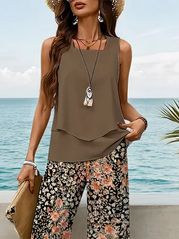 Damen Geblümt Print Zweiteiliges Set Täglich Ärmellos Lässig Sommer Bluse mit Hose Matching Set