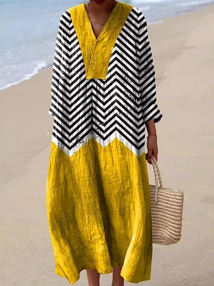 Damen Gestreift Langarm Frühling/Herbst Kleid V-Ausschnitt Täglich Lässig Maxikleid A-Linien-Kleid