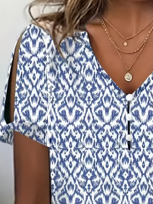 Damen Geometrisch Kurzarm T-Shirts T-Shirt V-Ausschnitt Print Lässig Sommer Oberteile