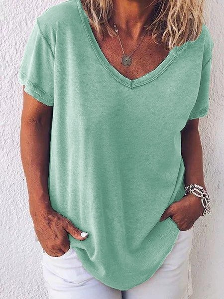Damen Unifarben Kurzarm T-Shirts T-Shirt V-Ausschnitt Print Lässig Sommer Oberteile