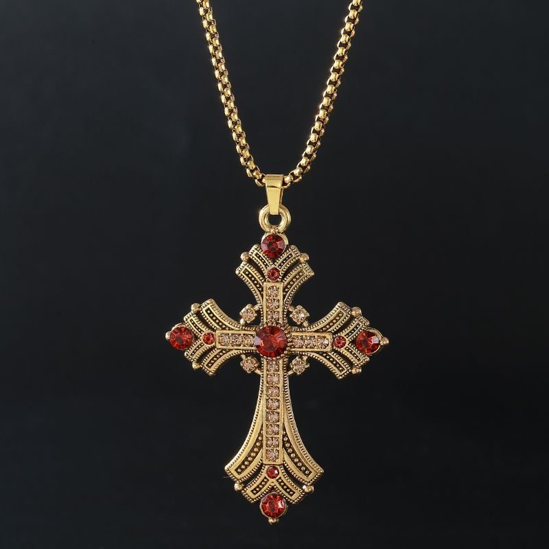 2025 Neu Retro Diamant Halskette Strass Lang Kreuz Pendant Pullover Kette Fashion fortschrittlich PUNK Halskette