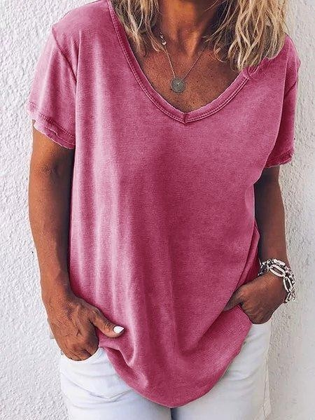 Damen Unifarben Kurzarm T-Shirts T-Shirt V-Ausschnitt Print Lässig Sommer Oberteile