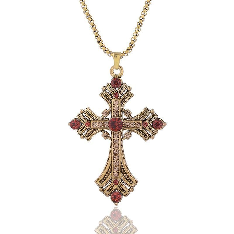 2025 Neu Retro Diamant Halskette Strass Lang Kreuz Pendant Pullover Kette Fashion fortschrittlich PUNK Halskette