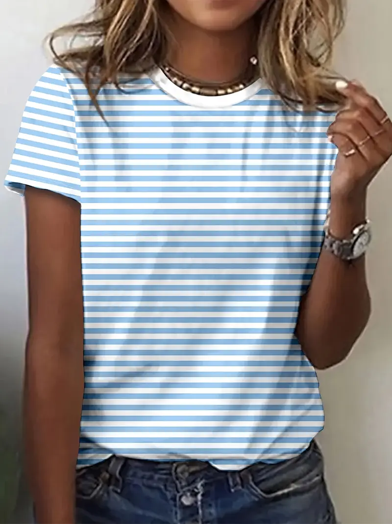 Damen Gestreift Kurzarm T-Shirts T-Shirt Rundhals Print Lässig Sommer T-Shirt mit Grafik Oberteile
