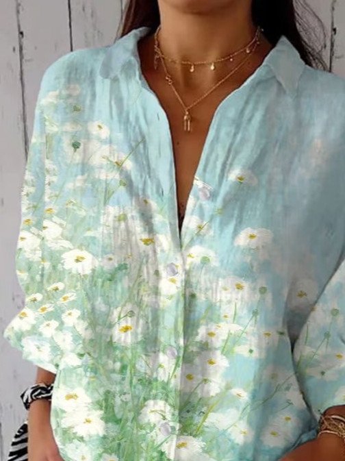 Damen Geblümt Dreiviertelärmel Bluse Frühling/Herbst Print Hemdkragen Täglich Lässig Oberteile