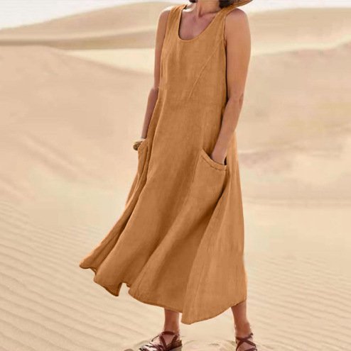 Damen Unifarben Ärmellos Sommer Nahtverarbeitung Kleid Rundhals Täglich Lässig Maxikleid Passen & Flare Kleid A-Linien-Kleid