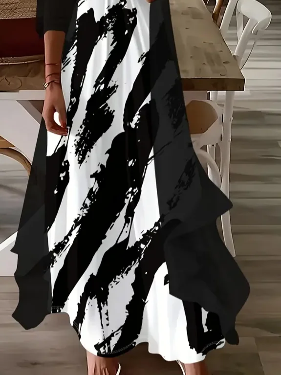 Damen Abstrakt Print Zweiteiliges Set Täglich Dreiviertelärmel Lässig Frühling/Herbst Kleid mit Mantel Matching Set