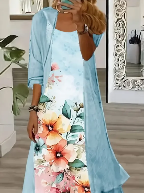Damen Geblümt Print Zweiteiliges Set Täglich Dreiviertelärmel Lässig Frühling/Herbst Kleid mit Mantel Matching Set