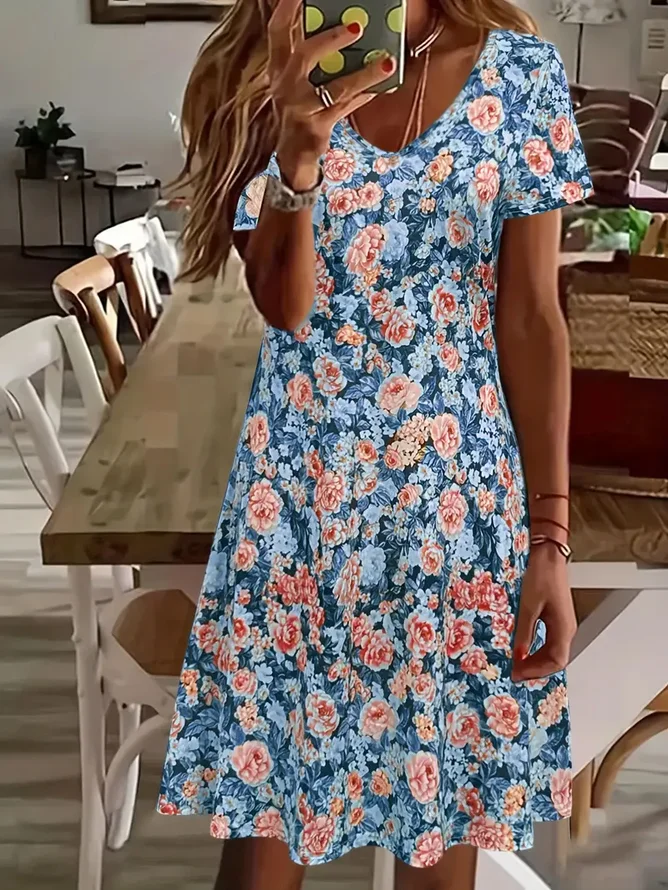 Damen Geblümt Kurzarm Sommer Print Kleid V-Ausschnitt Täglich Lässig Midi Passen & Flare Kleid A-Linien-Kleid