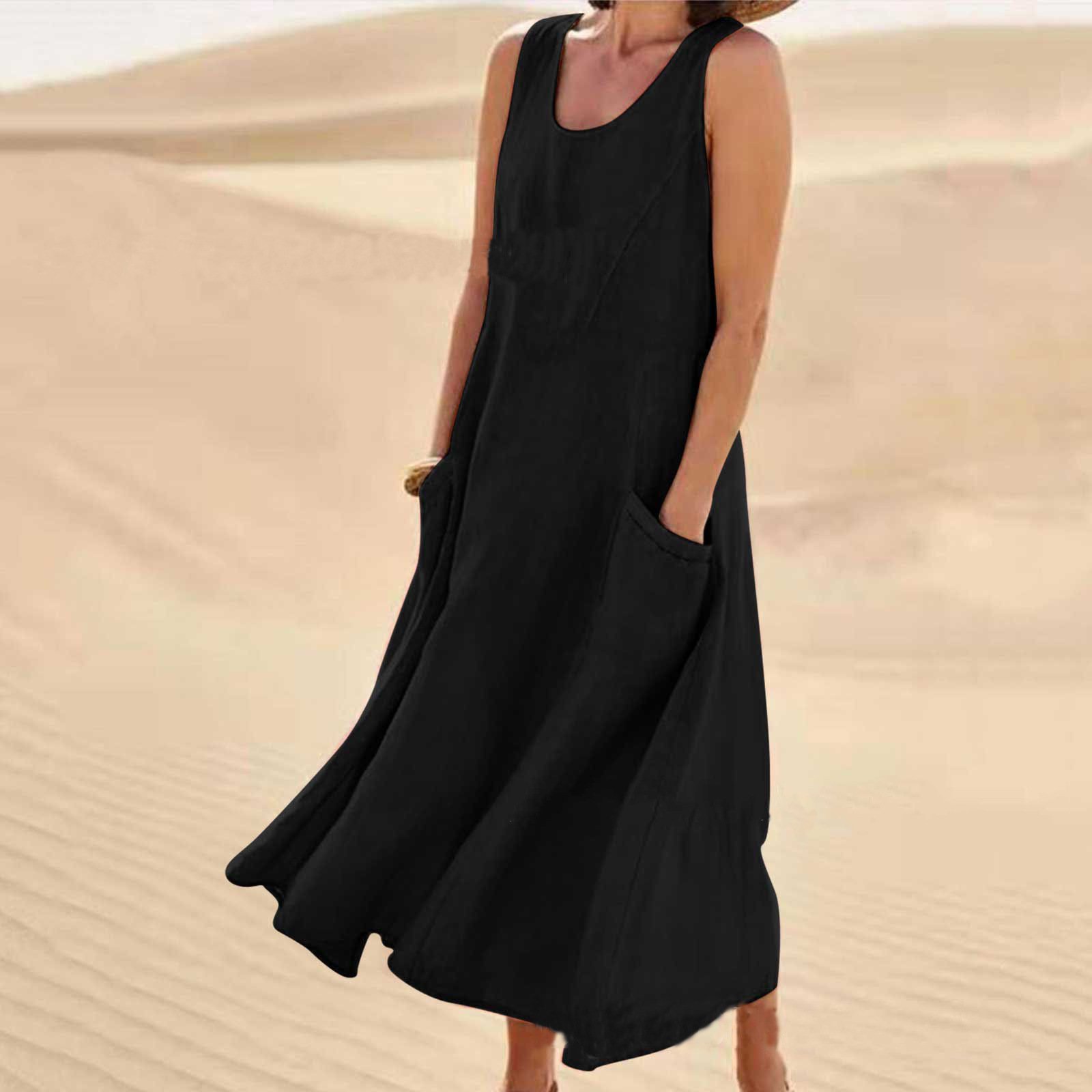 Damen Unifarben Ärmellos Sommer Nahtverarbeitung Kleid Rundhals Täglich Lässig Maxikleid Passen & Flare Kleid A-Linien-Kleid