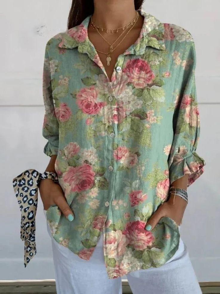 Damen Geblümt Dreiviertelärmel Bluse Frühling/Herbst Print Hemdkragen Täglich Lässig Oberteile