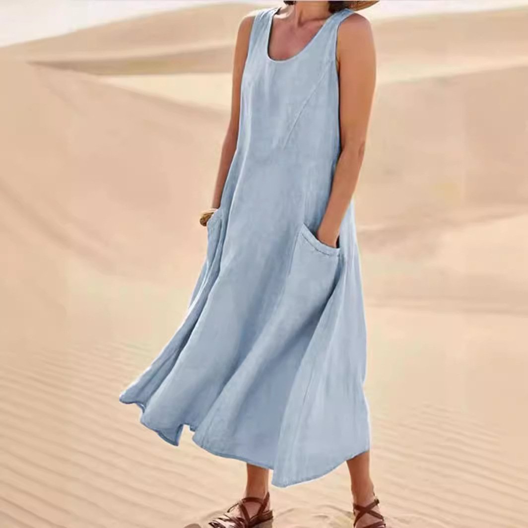 Damen Unifarben Ärmellos Sommer Nahtverarbeitung Kleid Rundhals Täglich Lässig Maxikleid Passen & Flare Kleid A-Linien-Kleid