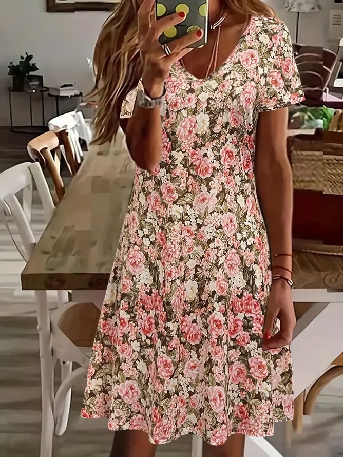 Damen Geblümt Kurzarm Sommer Print Kleid V-Ausschnitt Täglich Lässig Midi Passen & Flare Kleid A-Linien-Kleid