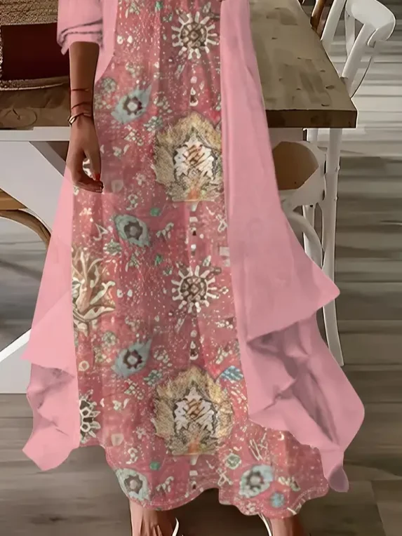 Damen Geblümt Print Zweiteiliges Set Täglich Dreiviertelärmel Lässig Frühling/Herbst Kleid mit Mantel Matching Set