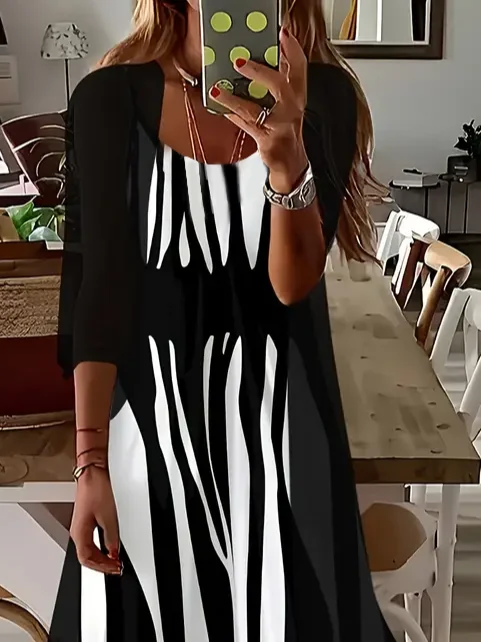 Damen abstrakte Streifen Print Zweiteiliges Set Täglich Dreiviertelärmel Lässig Frühling/Herbst Kleid mit Mantel Matching Set