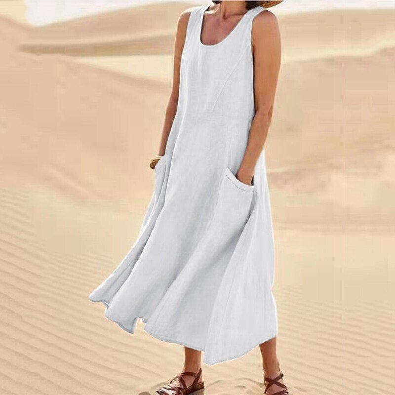 Damen Unifarben Ärmellos Sommer Nahtverarbeitung Kleid Rundhals Täglich Lässig Maxikleid Passen & Flare Kleid A-Linien-Kleid