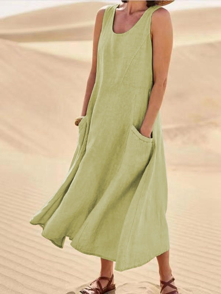 Damen Unifarben Ärmellos Sommer Nahtverarbeitung Kleid Rundhals Täglich Lässig Maxikleid Passen & Flare Kleid A-Linien-Kleid