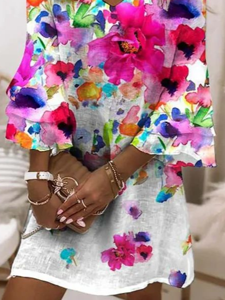 Damen Geblümt Halbarm Sommer Print Kleid V-Ausschnitt Täglich Lässig Maxikleid H-Linie Kleid
