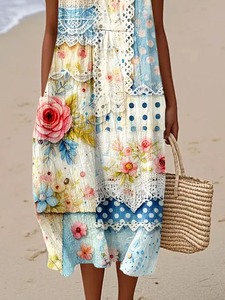 Damen Geblümt Ärmellos Sommer Print Kleid Rundhals Täglich Lässig Maxikleid Tanktop H-Linie Kleid