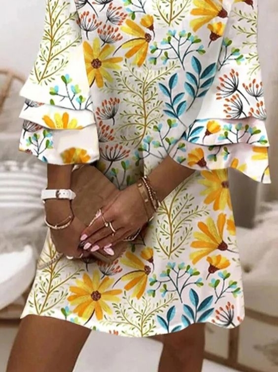 Damen Geblümt Halbarm Sommer Print Kleid V-Ausschnitt Täglich Lässig Maxikleid H-Linie Kleid