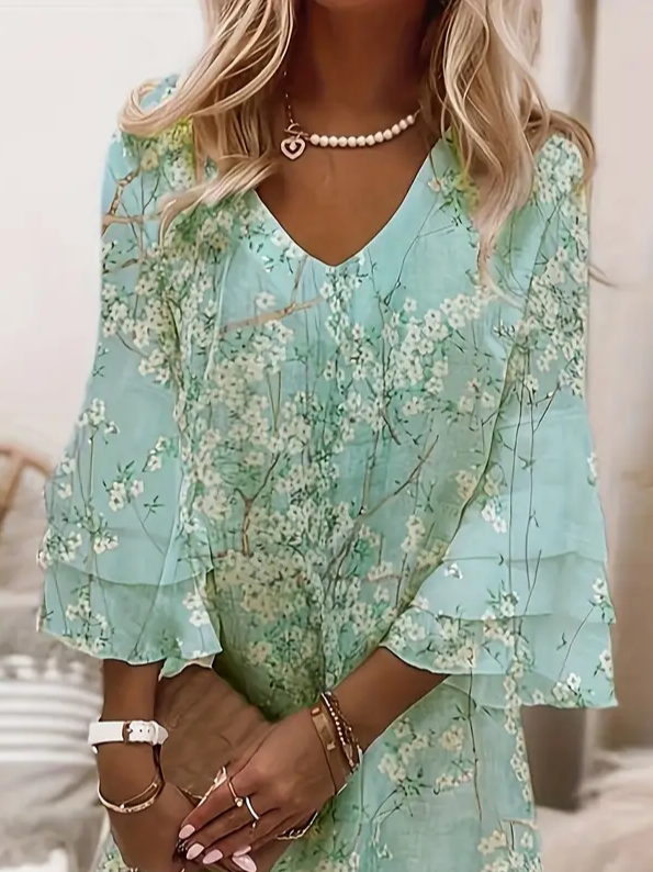 Damen Geblümt Halbarm Sommer Print Kleid V-Ausschnitt Täglich Lässig Maxikleid H-Linie Kleid