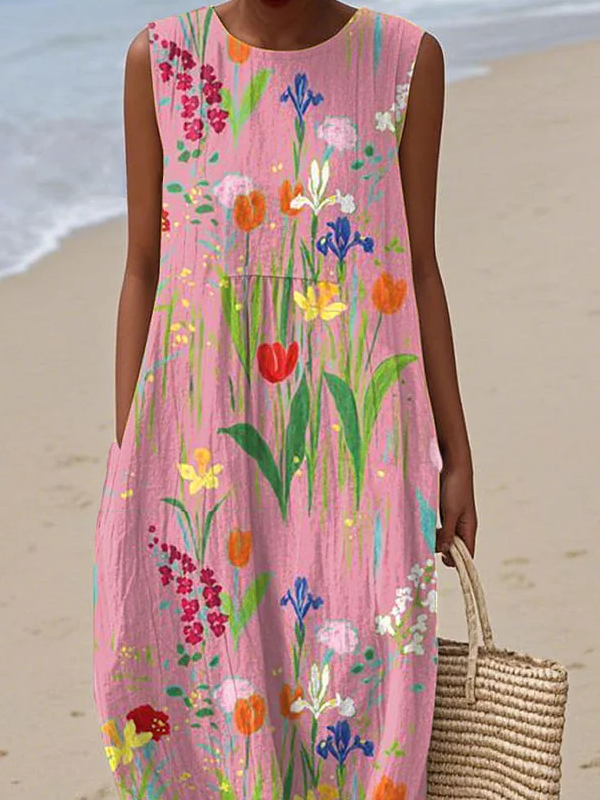 Damen Geblümt Ärmellos Sommer Print Kleid Rundhals Täglich Lässig Maxikleid Tanktop H-Linie Kleid