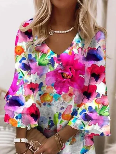 Damen Geblümt Halbarm Sommer Print Kleid V-Ausschnitt Täglich Lässig Maxikleid H-Linie Kleid