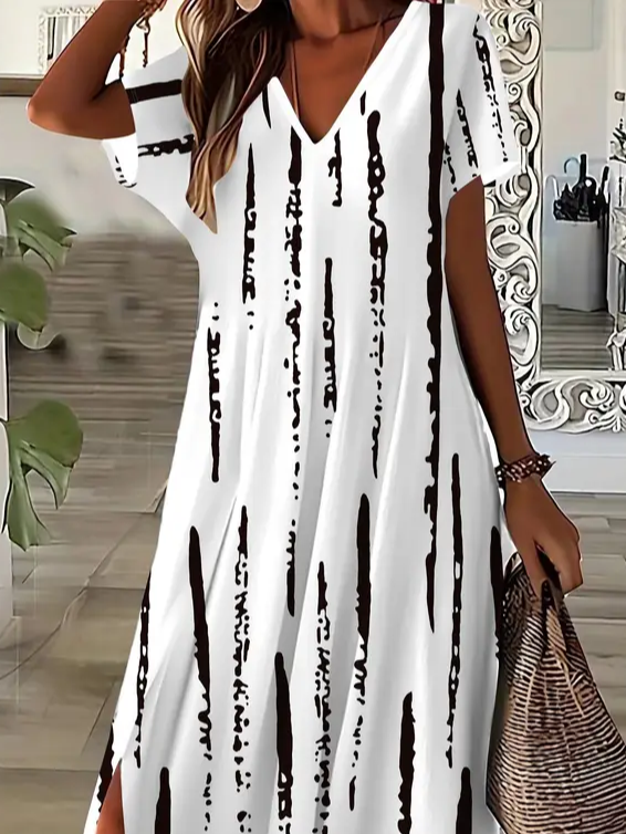 Damen Gestreift Kurzarm Sommer Print Kleid V-Ausschnitt Täglich Lässig Maxikleid X-Linie Kleid