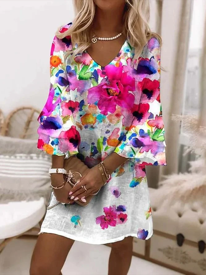 Damen Geblümt Halbarm Sommer Print Kleid V-Ausschnitt Täglich Lässig Maxikleid H-Linie Kleid