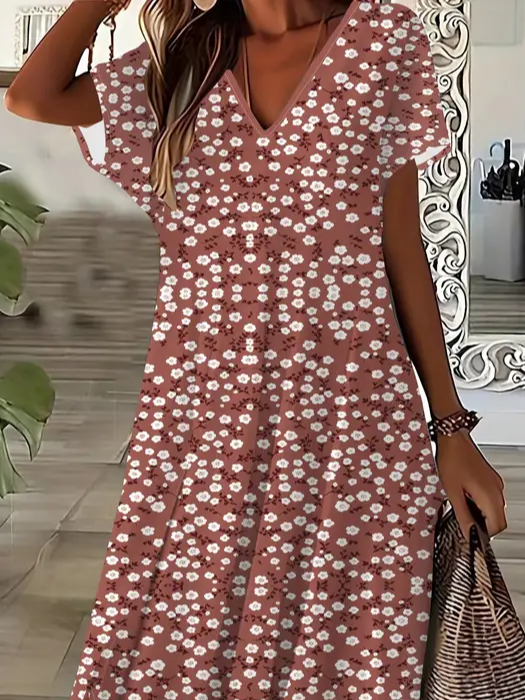 Damen Geblümt Kurzarm Sommer Print Kleid V-Ausschnitt Täglich Lässig Maxikleid X-Linie Kleid