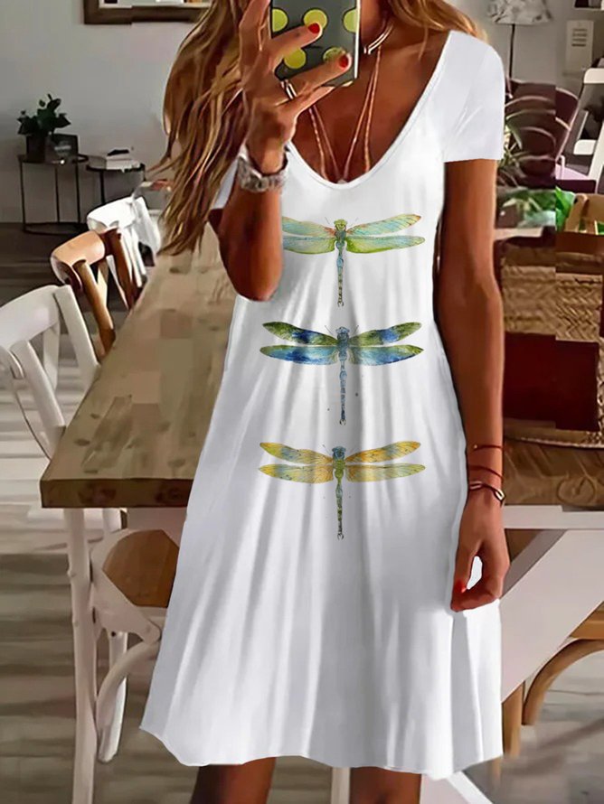 Damen Libelle Kurzarm Sommer Print Kleid V-Ausschnitt Täglich Lässig Midi Passen & Flare Kleid A-Linien-Kleid