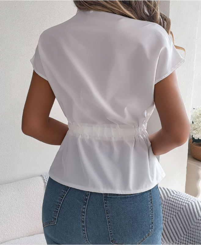 Damen Unifarben Kurzarm Bluse Sommer Schnürung V-Ausschnitt Täglich Lässig Oberteile