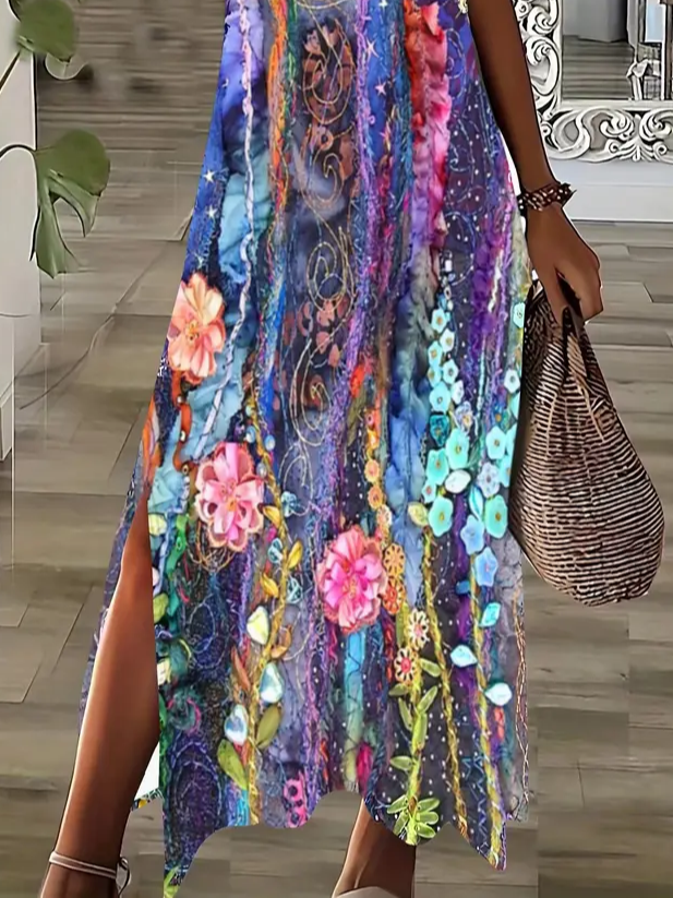 Damen Geblümt Kurzarm Sommer Print Kleid V-Ausschnitt Täglich Lässig Maxikleid X-Linie Kleid