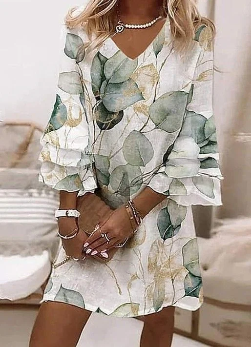 Damen Geblümt Halbarm Sommer Print Kleid V-Ausschnitt Täglich Lässig Maxikleid H-Linie Kleid