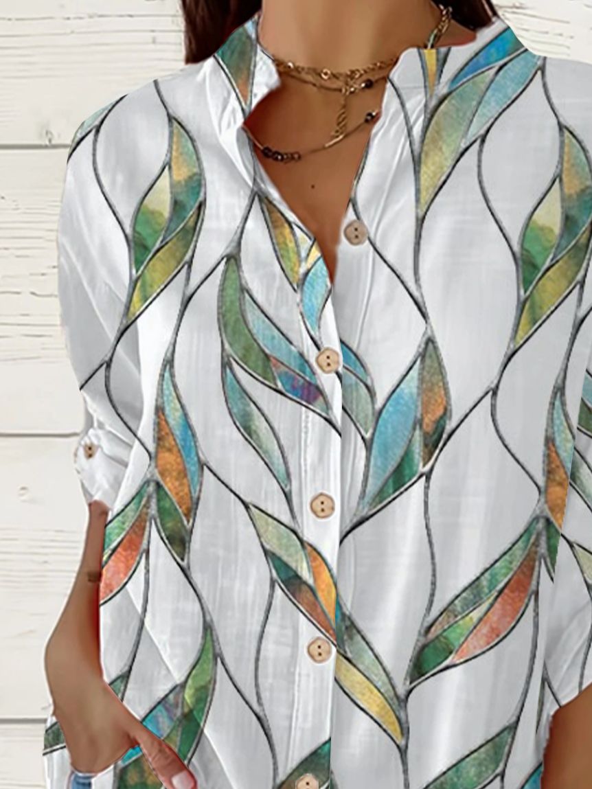 Damen Blätter Langarm Bluse Frühling/Herbst Print Stehkragen Täglich Lässig Oberteile