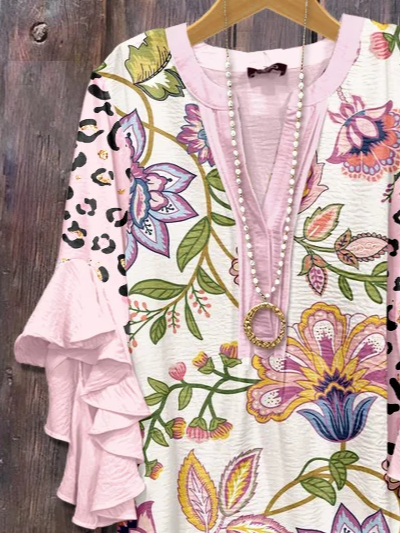 Damen Geblümt Halbarm Bluse Sommer Print V-Ausschnitt Täglich Lässig Oberteile