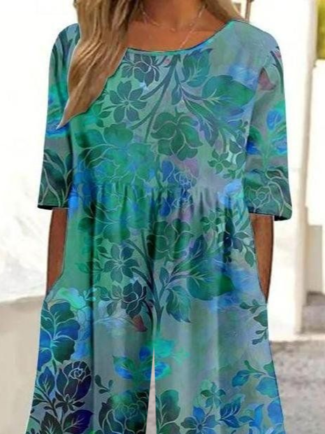 Damen Geblümt Rundhals Kurzarm Lässig Sommer Jumpsuit