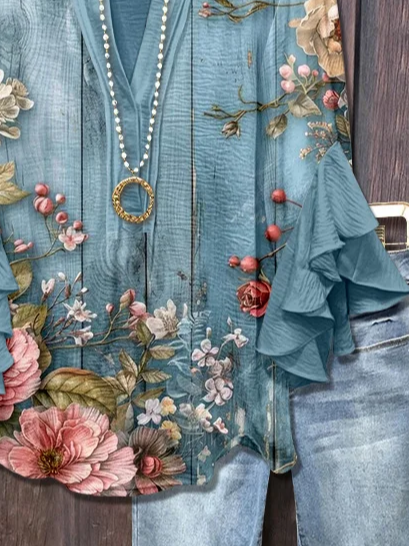 Damen Geblümt Halbarm Bluse Sommer Print V-Ausschnitt Täglich Lässig Oberteile