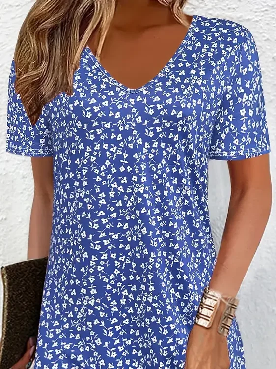 Damen Geblümt Kurzarm Sommer Print Kleid V-Ausschnitt Täglich Lässig Midi Passen & Flare Kleid A-Linien-Kleid