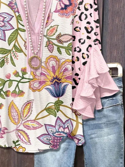 Damen Geblümt Halbarm Bluse Sommer Print V-Ausschnitt Täglich Lässig Oberteile