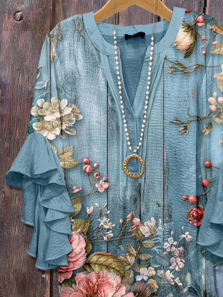 Damen Geblümt Halbarm Bluse Sommer Print V-Ausschnitt Täglich Lässig Oberteile