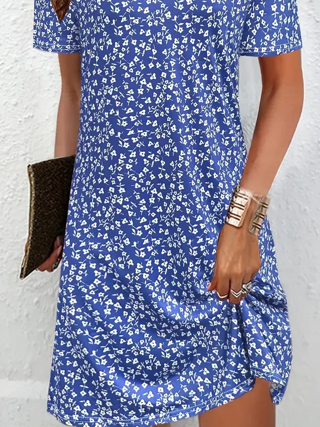 Damen Geblümt Kurzarm Sommer Print Kleid V-Ausschnitt Täglich Lässig Midi Passen & Flare Kleid A-Linien-Kleid
