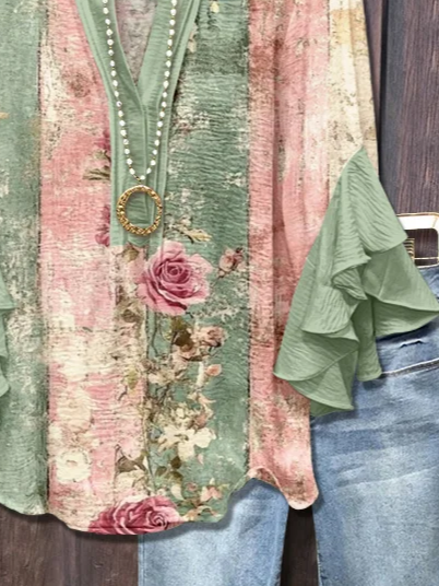 Damen Geblümt Halbarm Bluse Sommer Print V-Ausschnitt Täglich Lässig Oberteile