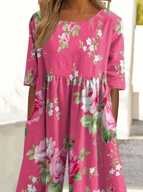Damen Geblümt Rundhals Kurzarm Lässig Sommer Jumpsuit