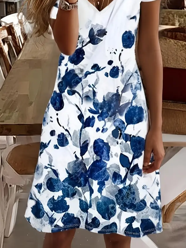 Damen Geblümt Kurzarm Sommer Print Kleid V-Ausschnitt Täglich Lässig Midi Passen & Flare Kleid A-Linien-Kleid