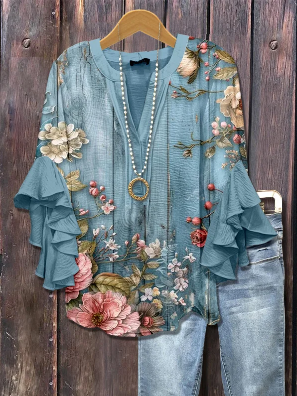 Damen Geblümt Halbarm Bluse Sommer Print V-Ausschnitt Täglich Lässig Oberteile