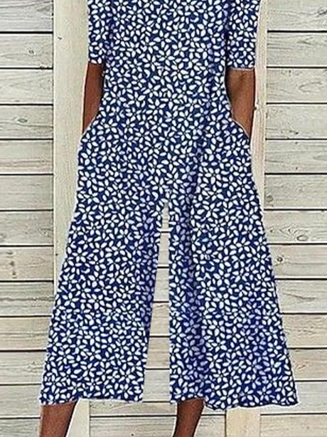 Damen Geblümt Rundhals Kurzarm Lässig Sommer Jumpsuit
