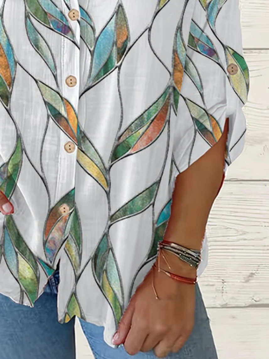 Damen Blätter Langarm Bluse Frühling/Herbst Print Stehkragen Täglich Lässig Oberteile