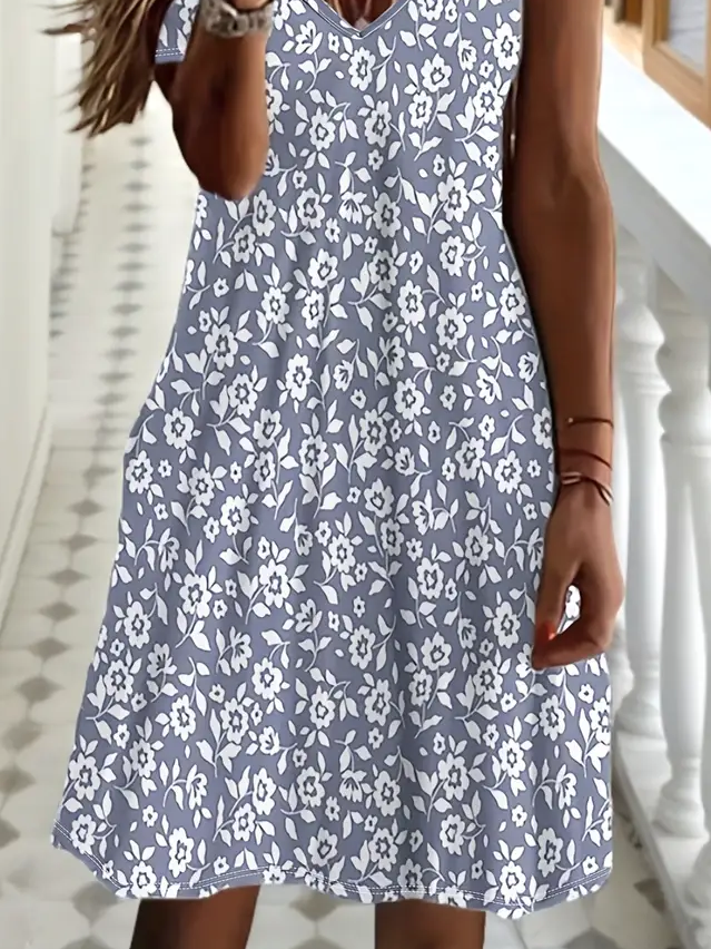 Damen Geblümt Kurzarm Sommer Print Kleid V-Ausschnitt Täglich Lässig Midi Passen & Flare Kleid A-Linien-Kleid