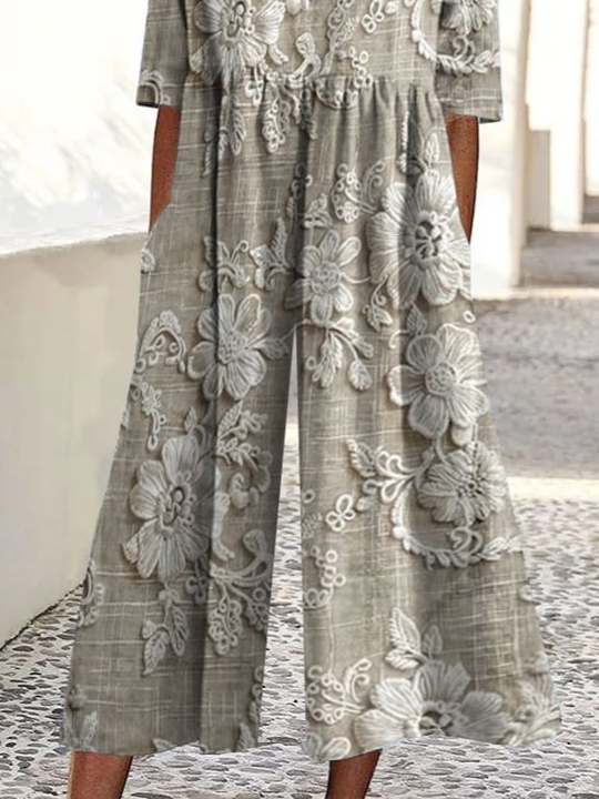 Damen Geblümt Rundhals Kurzarm Lässig Sommer Jumpsuit